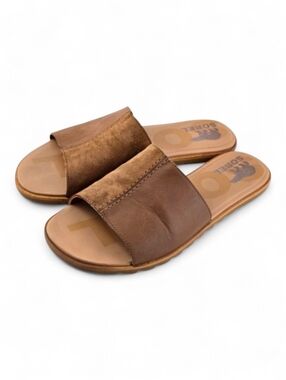 SOREL Women's Camel Brown Leather Suede Roaming Flat Slide Sandals 9.5